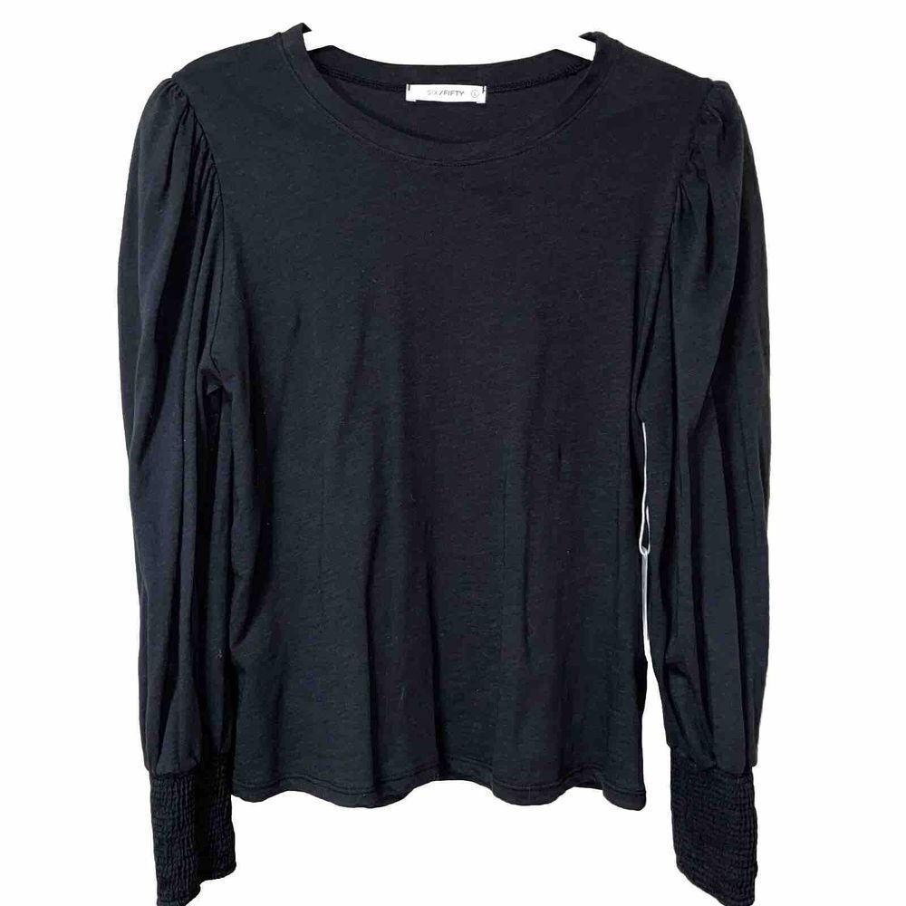 Six Fifty Erin Top Sz Large Black Long Puff Sleeve Smocked Wrist 100% Cotton New